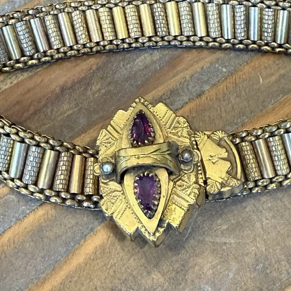 Antique Victorian Gold Filled Mesh Slide Bracelet Amethyst Glass Seed Pearl 1882 - Picture 6 of 13